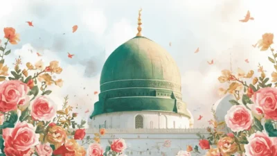 Ilustrasi umat Islam sedang berdoa melantunkan bacaan sholawat nabi lengkap versi pendek dan panjang di dalam masjid.